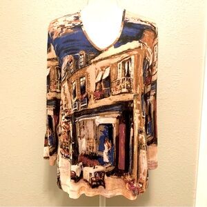 Chico’s Travelers Art to wear slinky quarter length sleeve Size 2